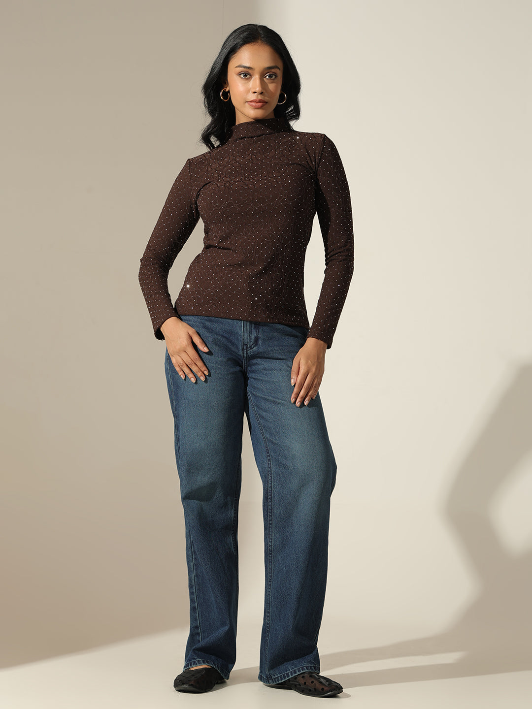 Women's Textured Brown High-Neck Top