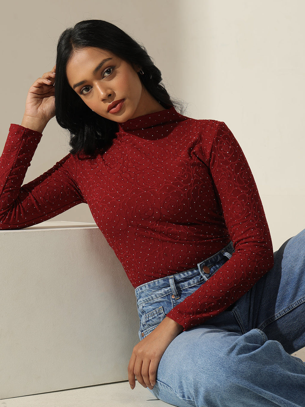 Women's Textured Red High-Neck Top