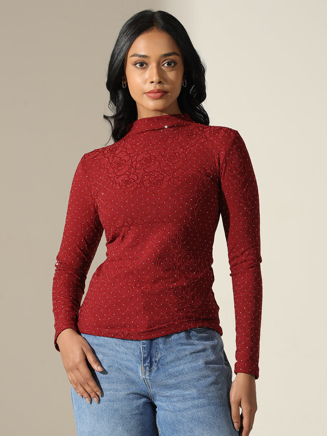 Women's Textured Red High-Neck Top
