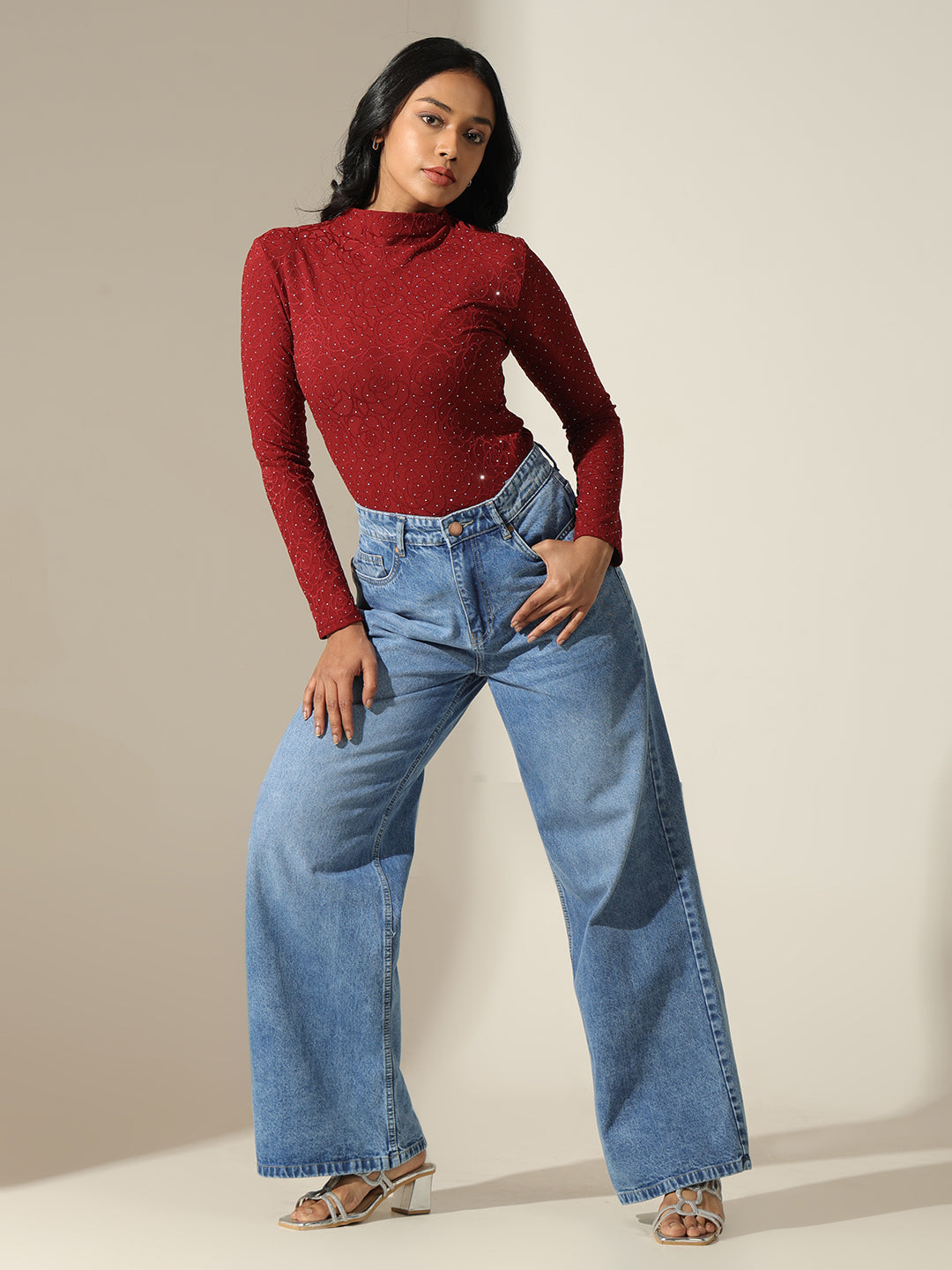Women's Textured Red High-Neck Top