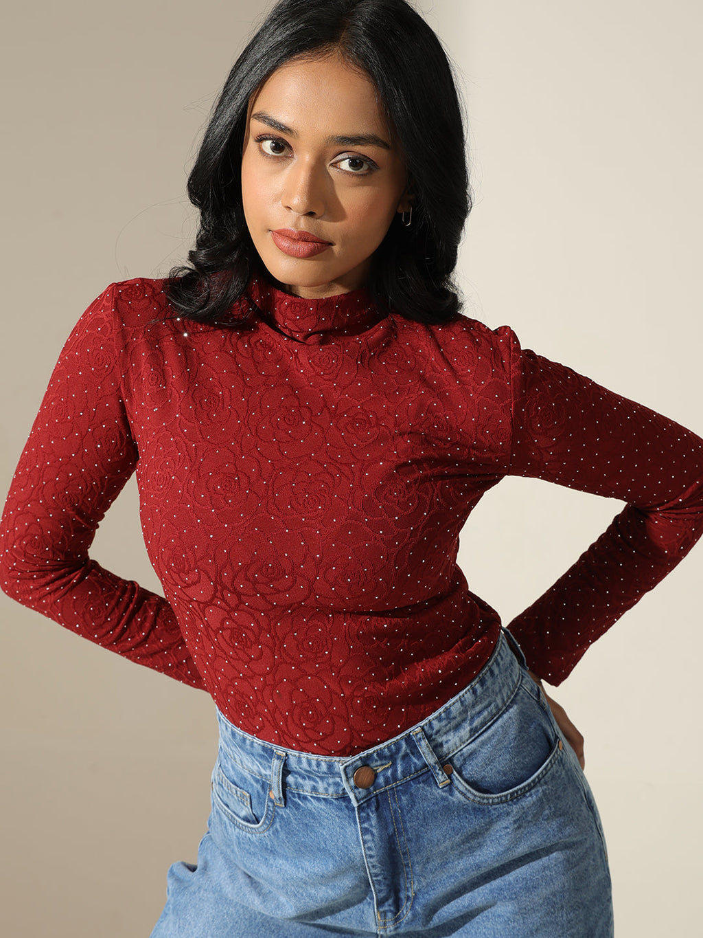 Women's Textured Red High-Neck Top