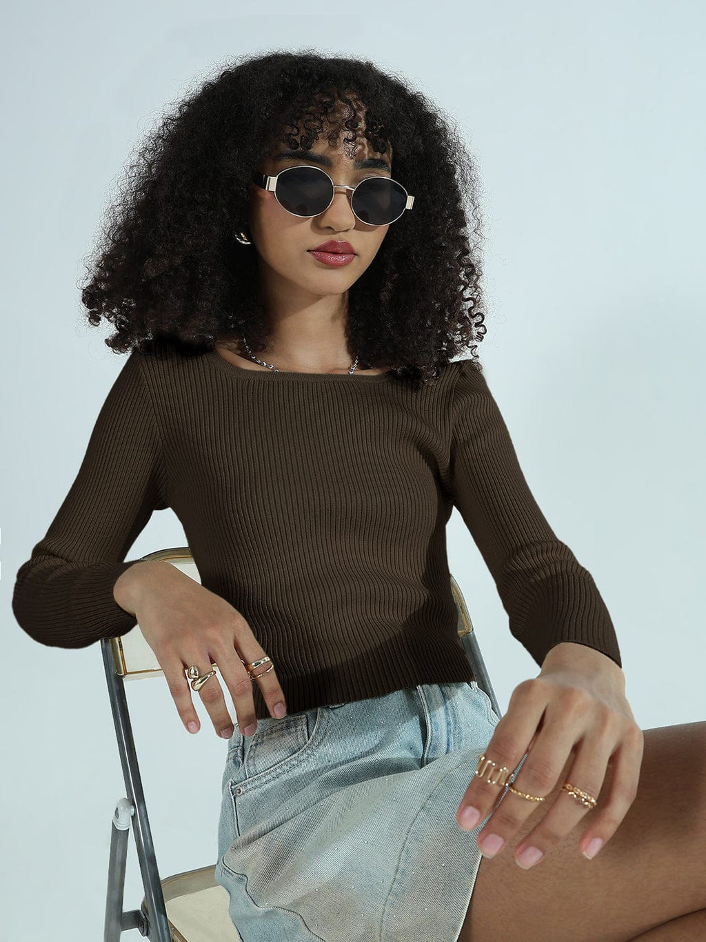 Women's Ribbed Olive Round Neck Fitted Top