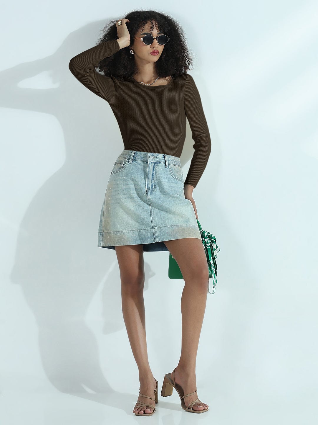 Women's Ribbed Olive Round Neck Fitted Top