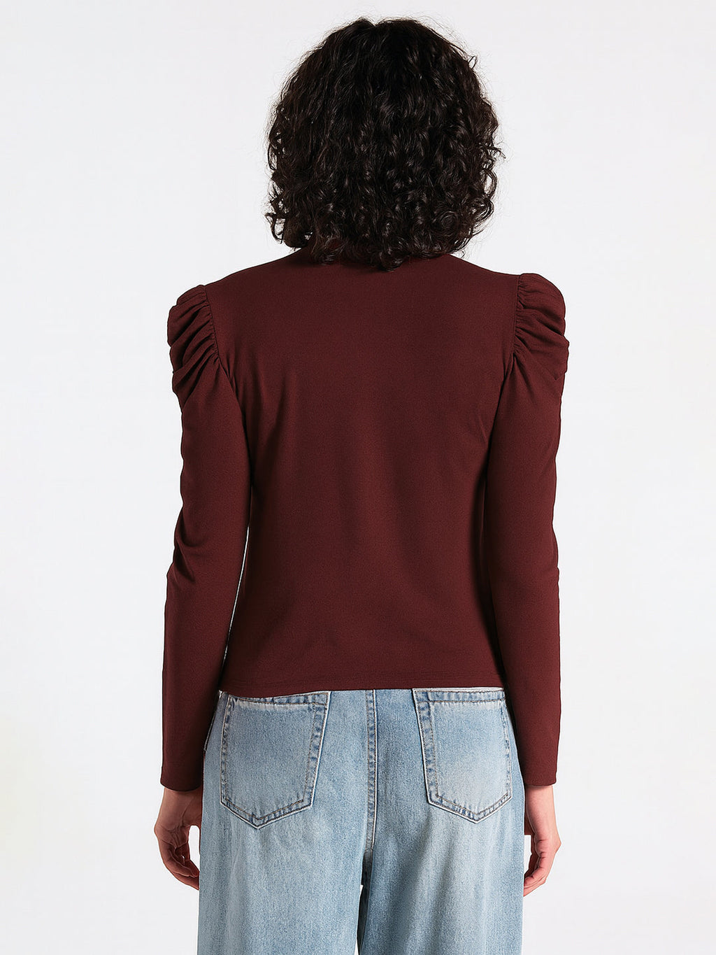 Women's Maroon Embellished High Neck Cut-Out Puff Sleeve Top
