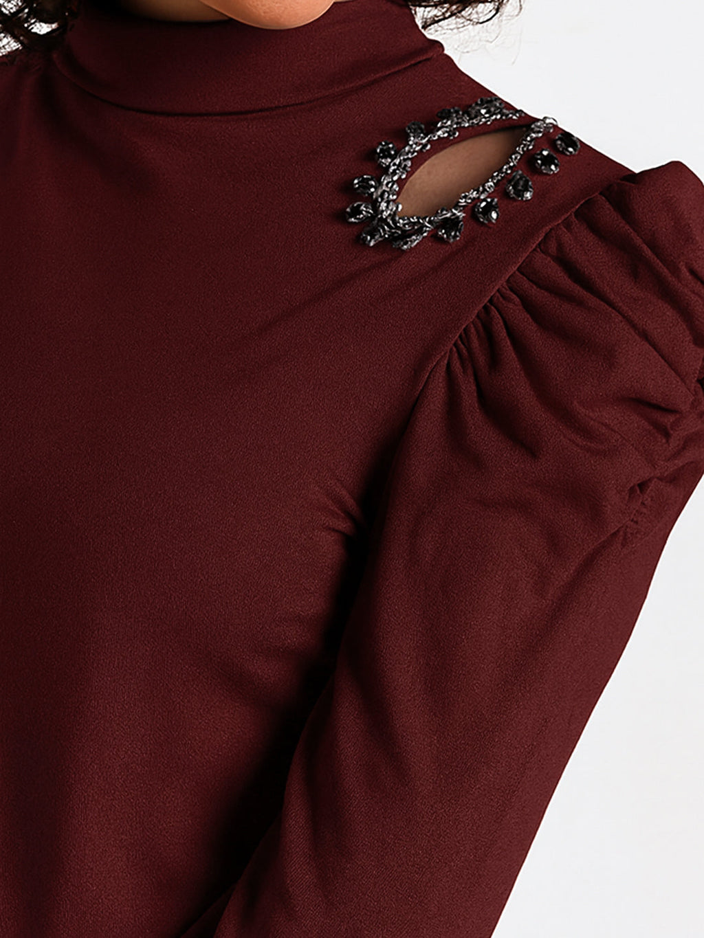 Women's Maroon Embellished High Neck Cut-Out Puff Sleeve Top