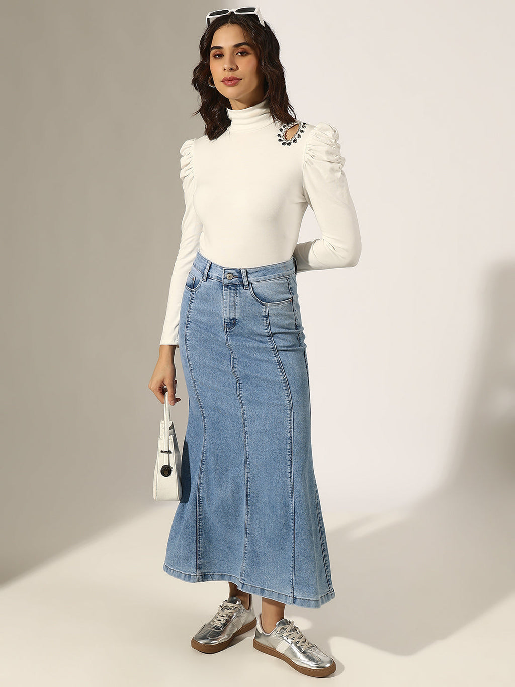 Women's White Puff Sleeve High Neck Top with Embellished Shoulder