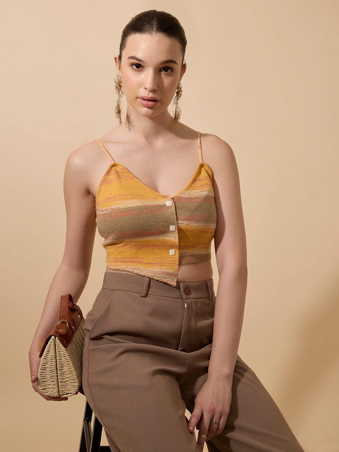 Women's Colourblocked Yellow Spaghetti Strap Crop Top with Button Detail
