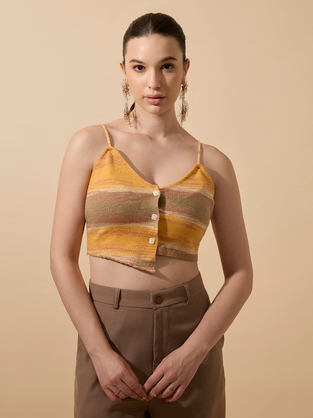 Women's Colourblocked Yellow Spaghetti Strap Crop Top with Button Detail