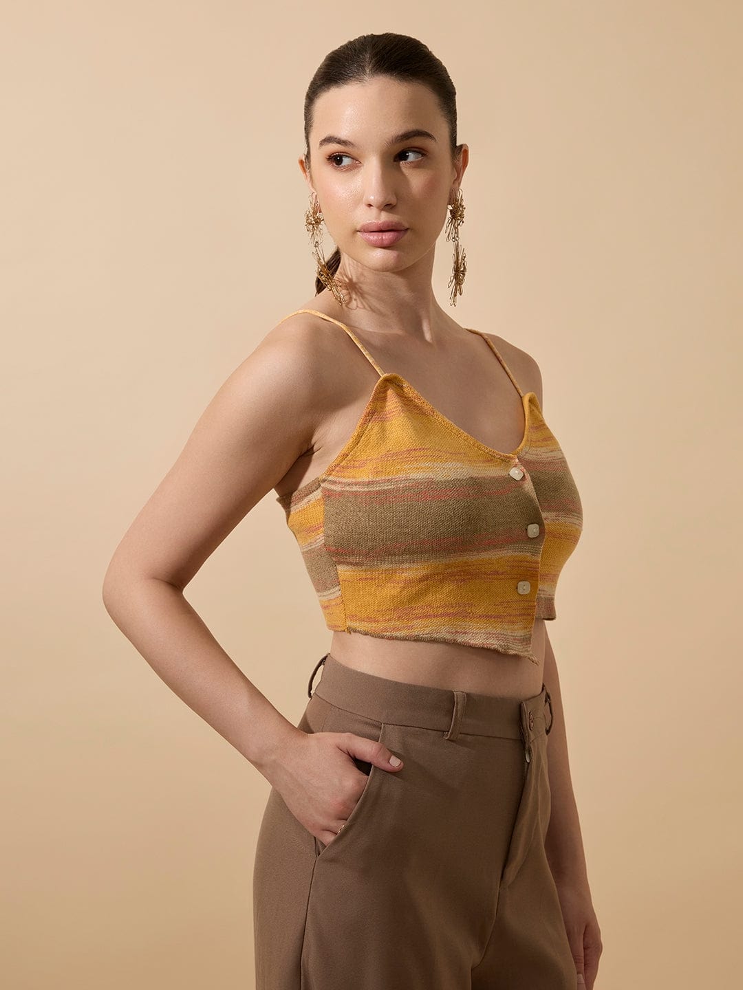 Women's Colourblocked Yellow Spaghetti Strap Crop Top with Button Detail