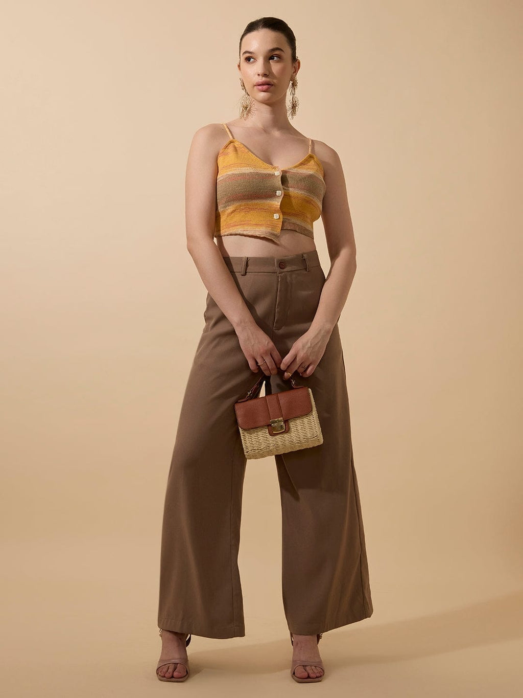 Women's Colourblocked Yellow Spaghetti Strap Crop Top with Button Detail