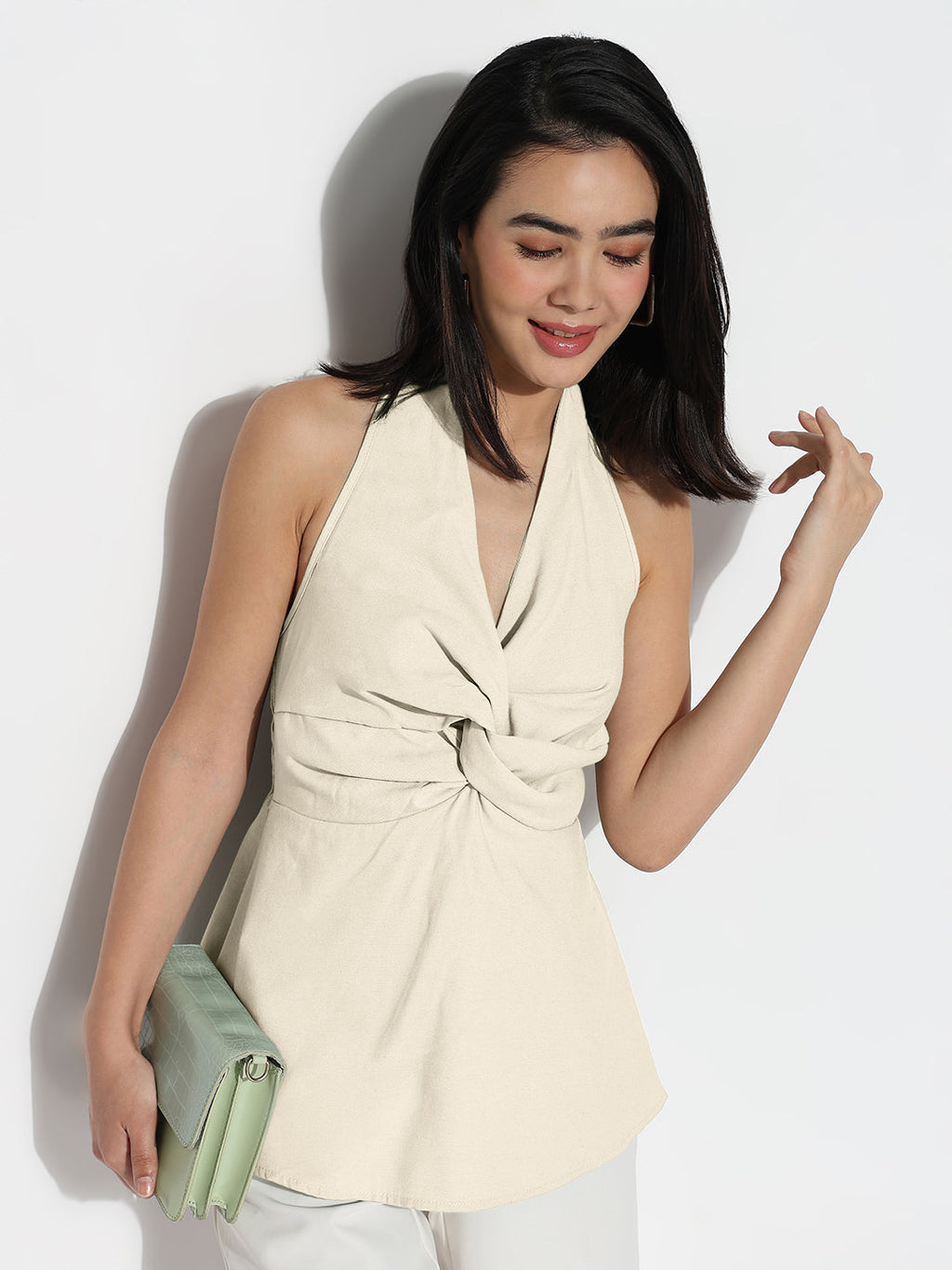 Women's Draped Cream Halter Neck Sleeveless Peplum Top with Smocked Back