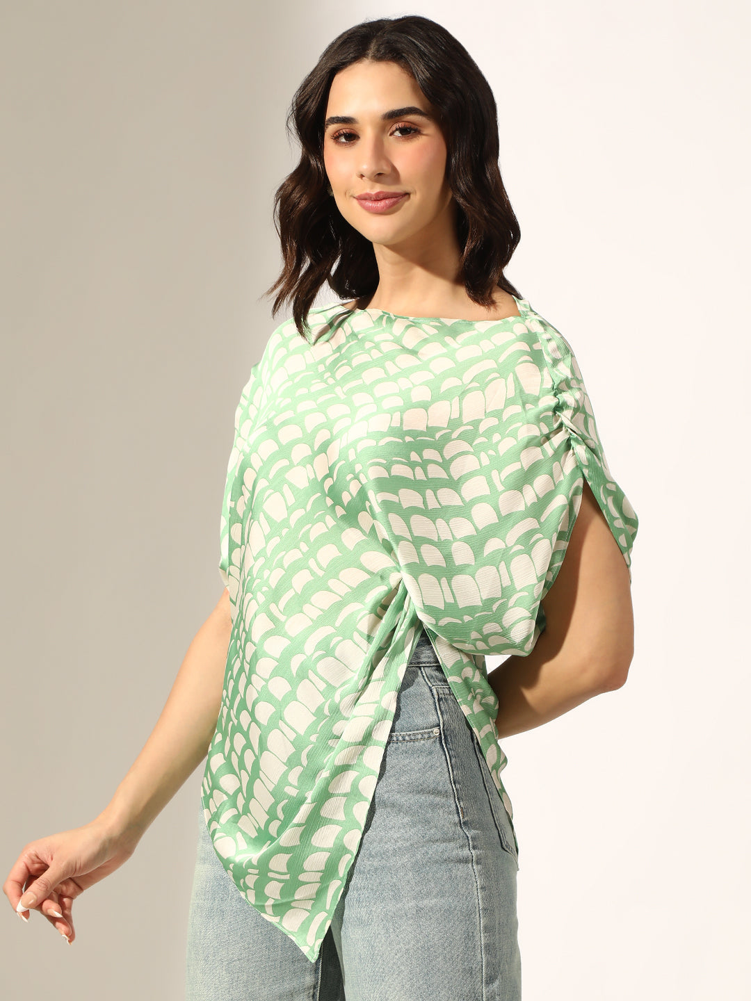 Women's Abstract Print Green Asymmetrical Hem Drape Top