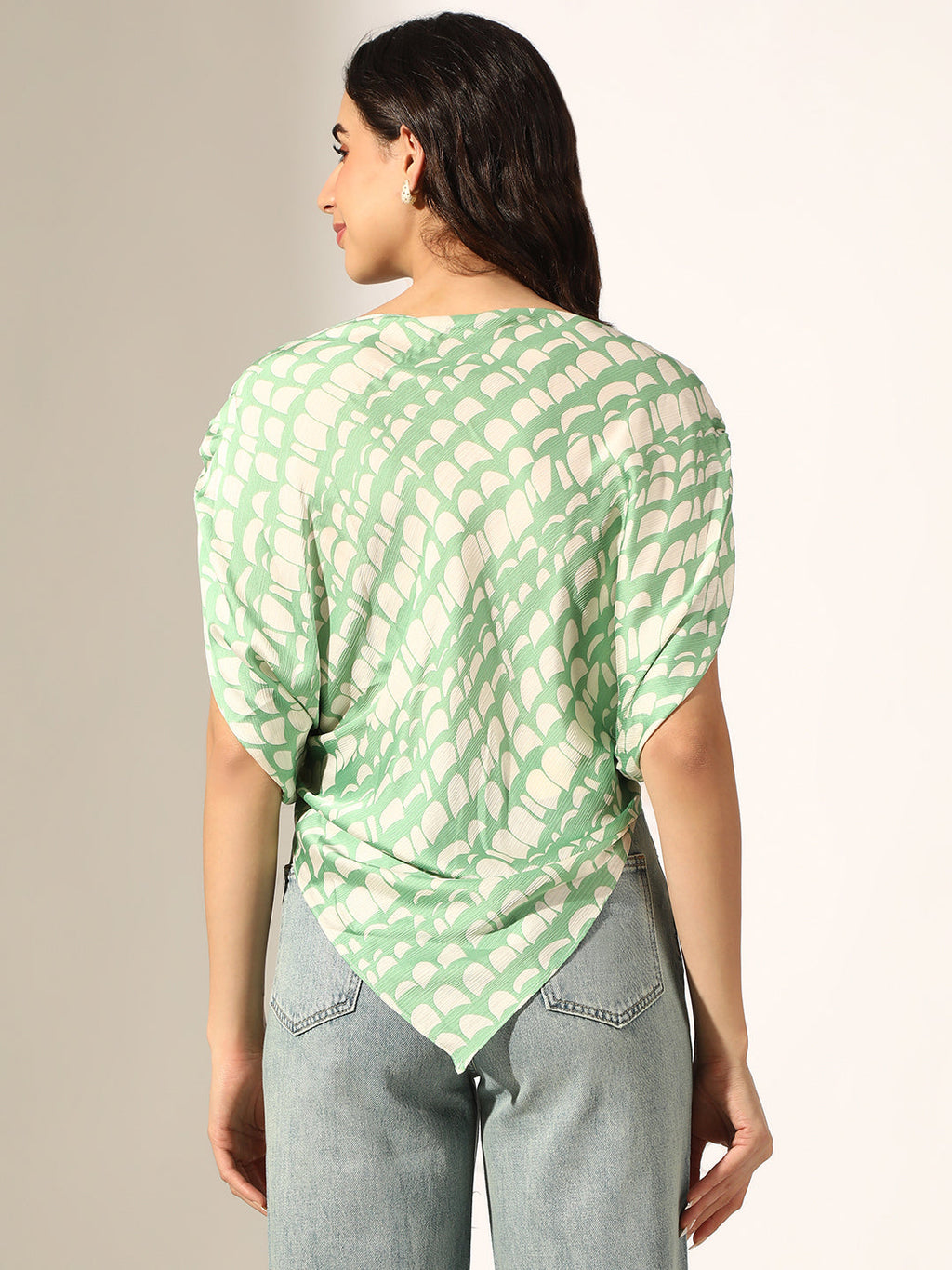 Women's Abstract Print Green Asymmetrical Hem Drape Top