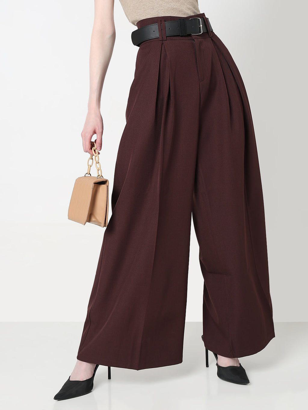 Women's Coffee Brown Wide Leg Korean Trousers with Belt