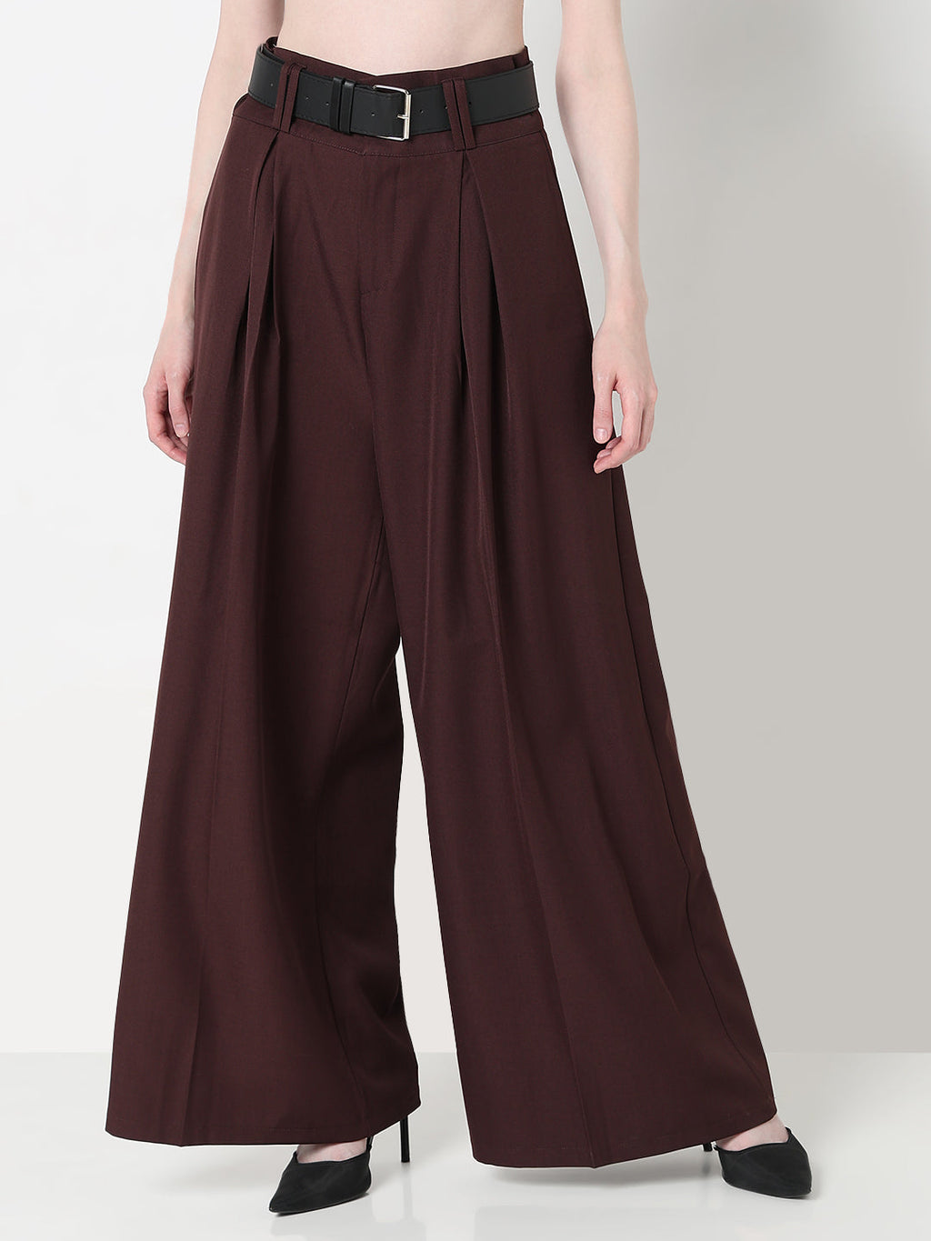 Women's Coffee Brown Wide Leg Korean Trousers with Belt