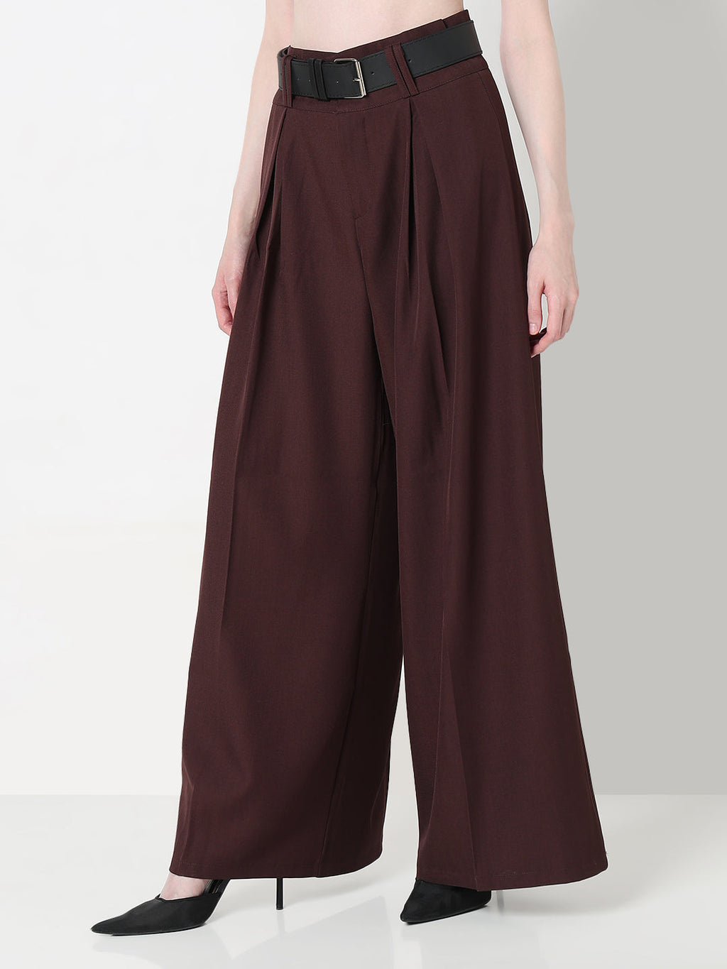 Women's Coffee Brown Wide Leg Korean Trousers with Belt