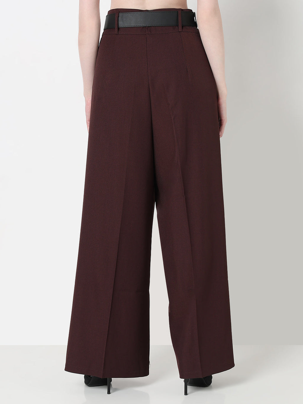 Women's Coffee Brown Wide Leg Korean Trousers with Belt