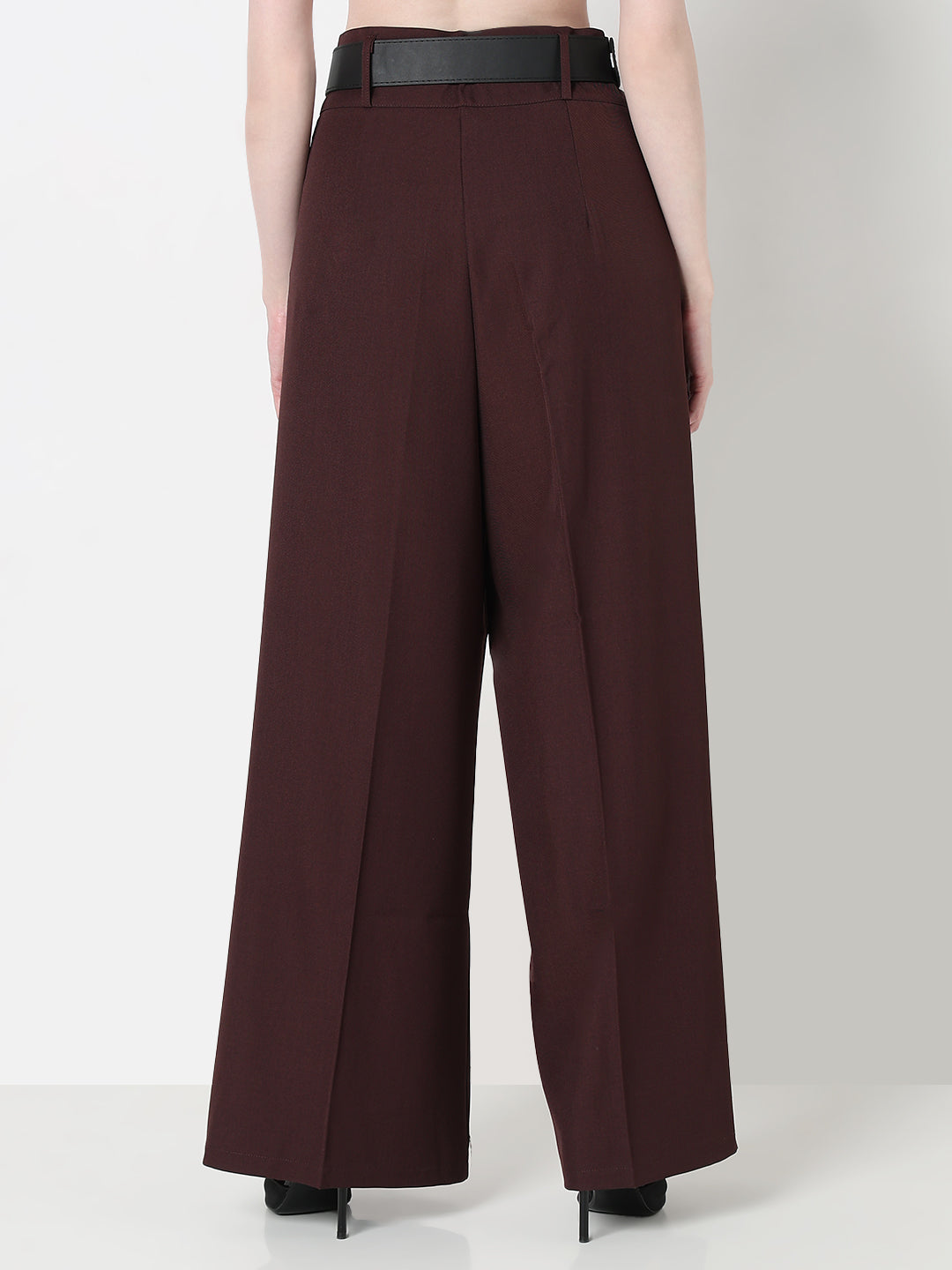 Women's Coffee Brown Wide Leg Korean Trousers with Belt