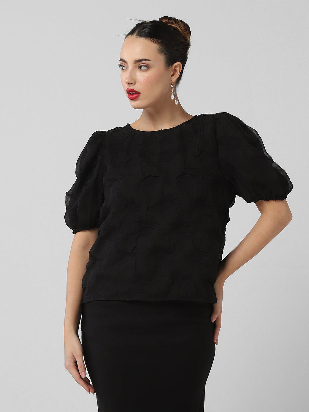 Women's Black Self Design Puff Sleeve Top