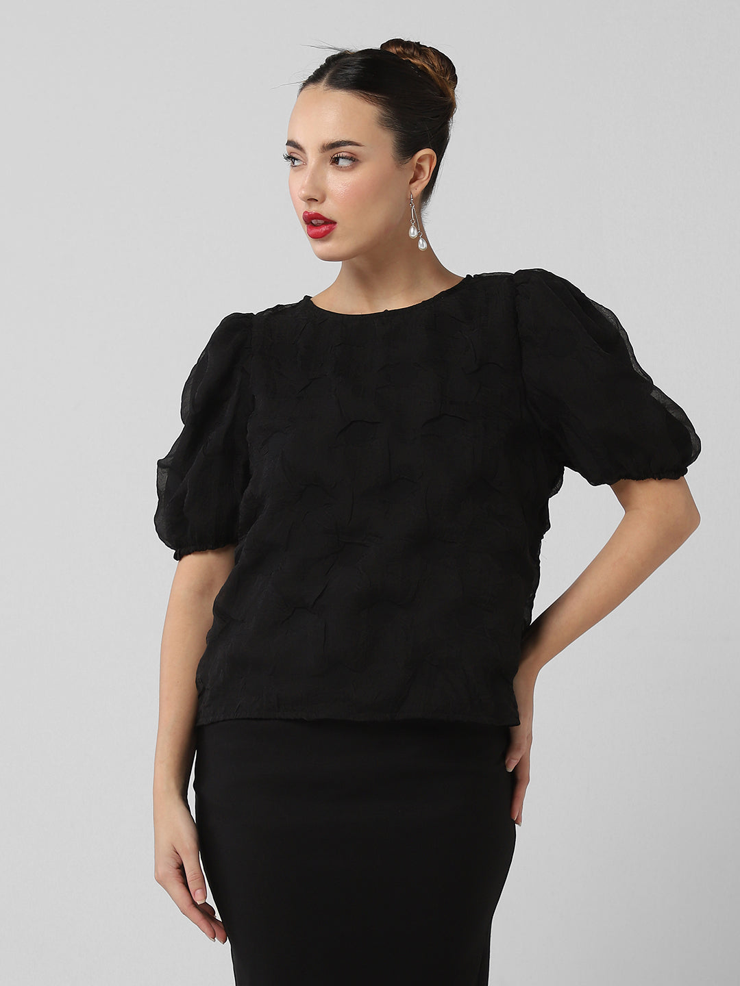 Women's Black Self Design Puff Sleeve Top