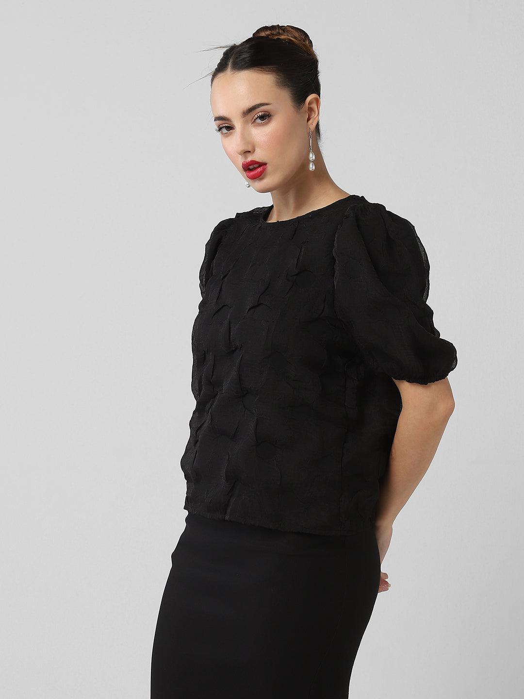 Women's Black Self Design Puff Sleeve Top