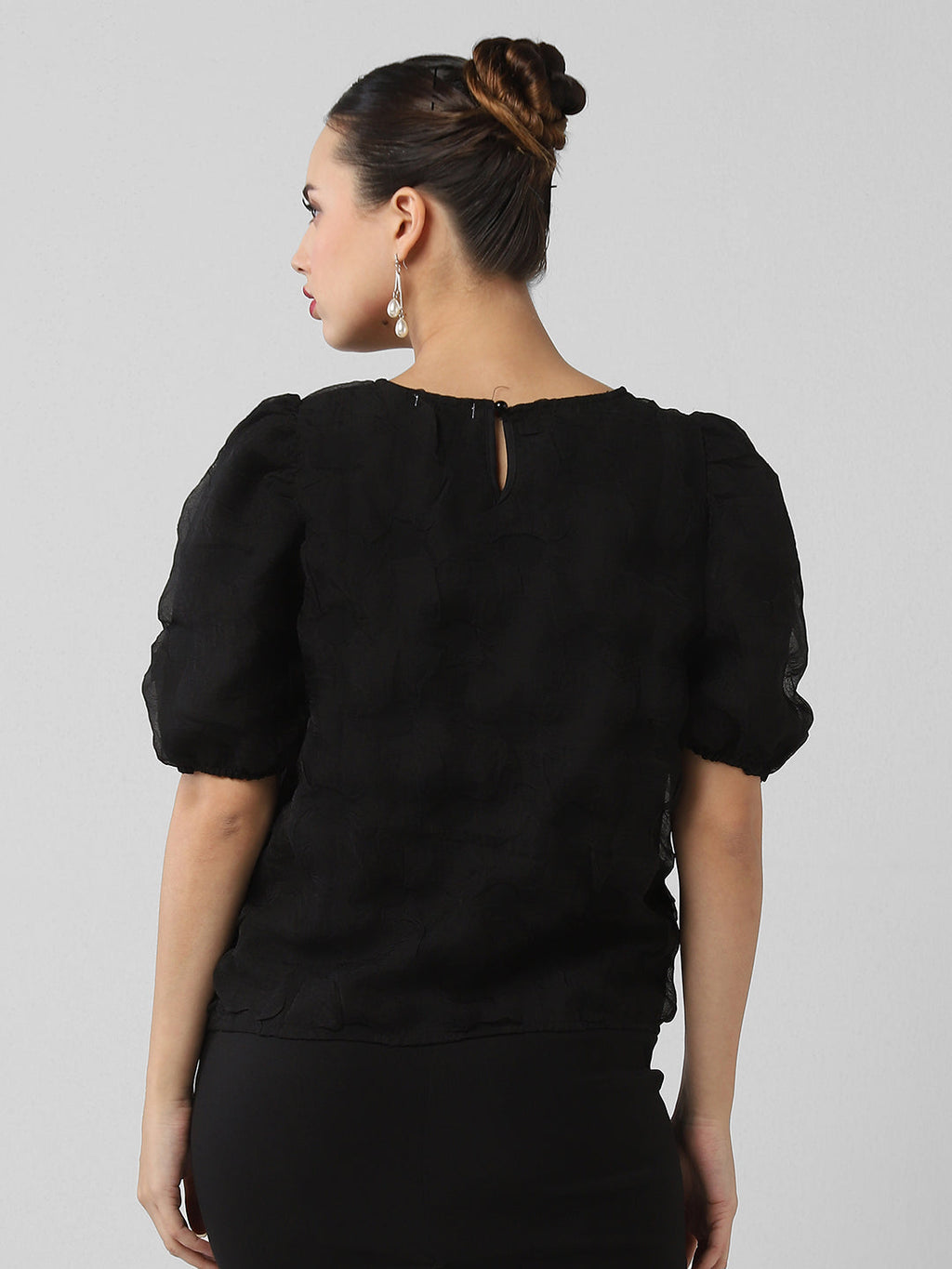 Women's Black Self Design Puff Sleeve Top