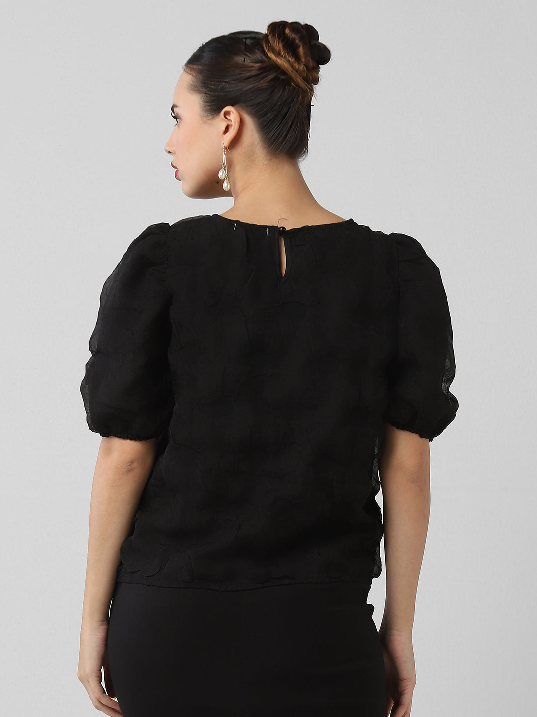 Women's Black Self Design Puff Sleeve Top