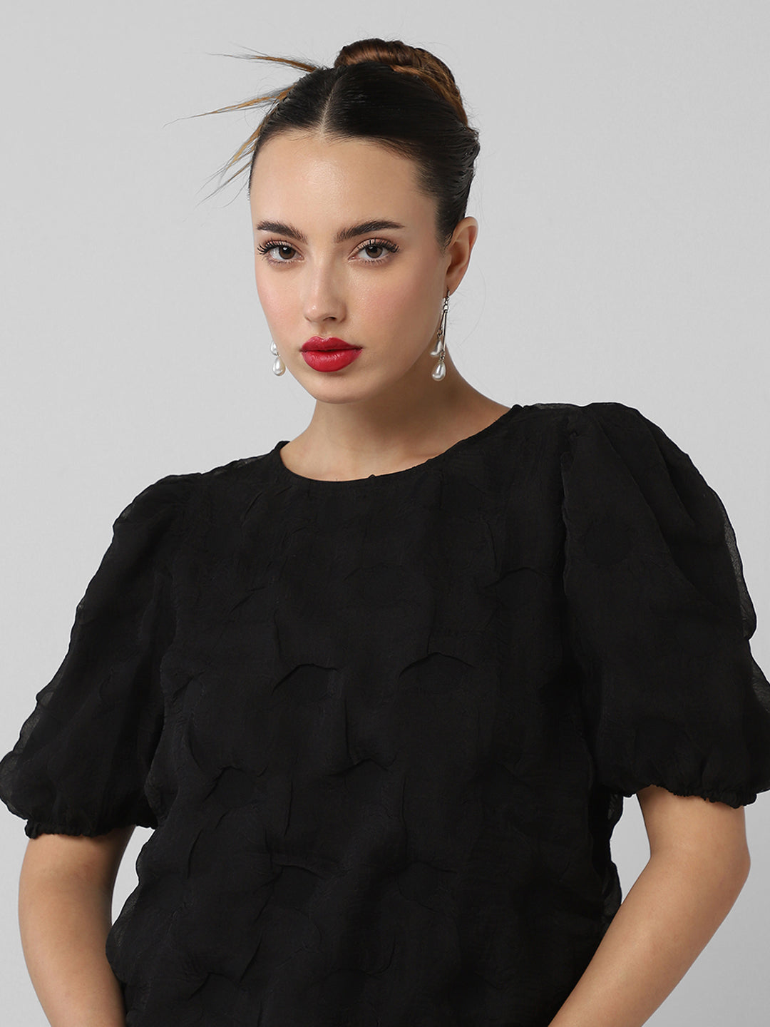 Women's Black Self Design Puff Sleeve Top