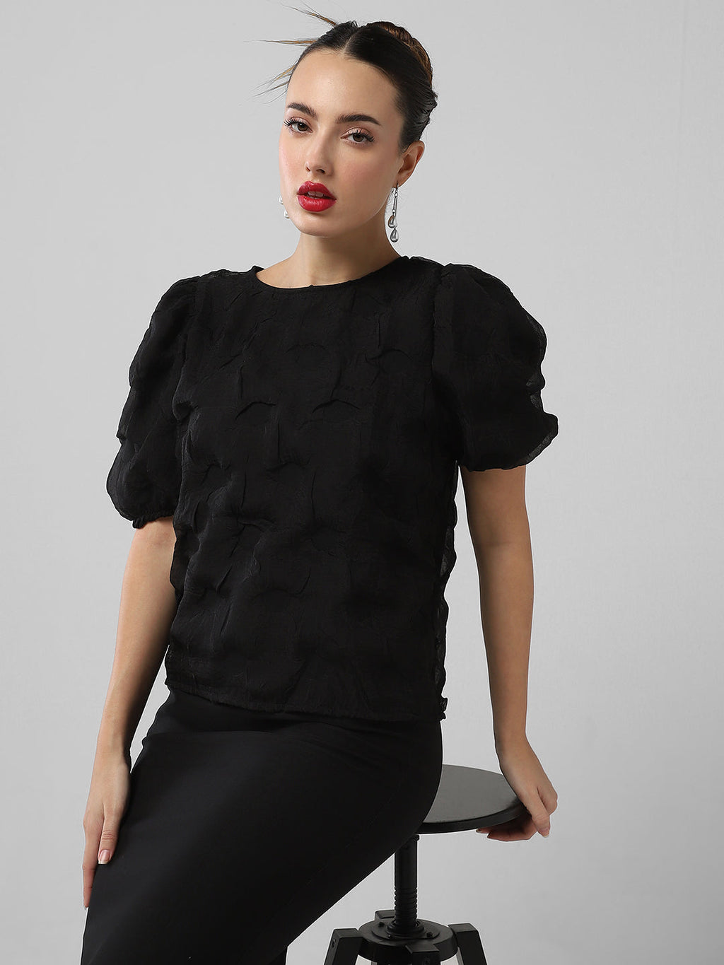 Women's Black Self Design Puff Sleeve Top
