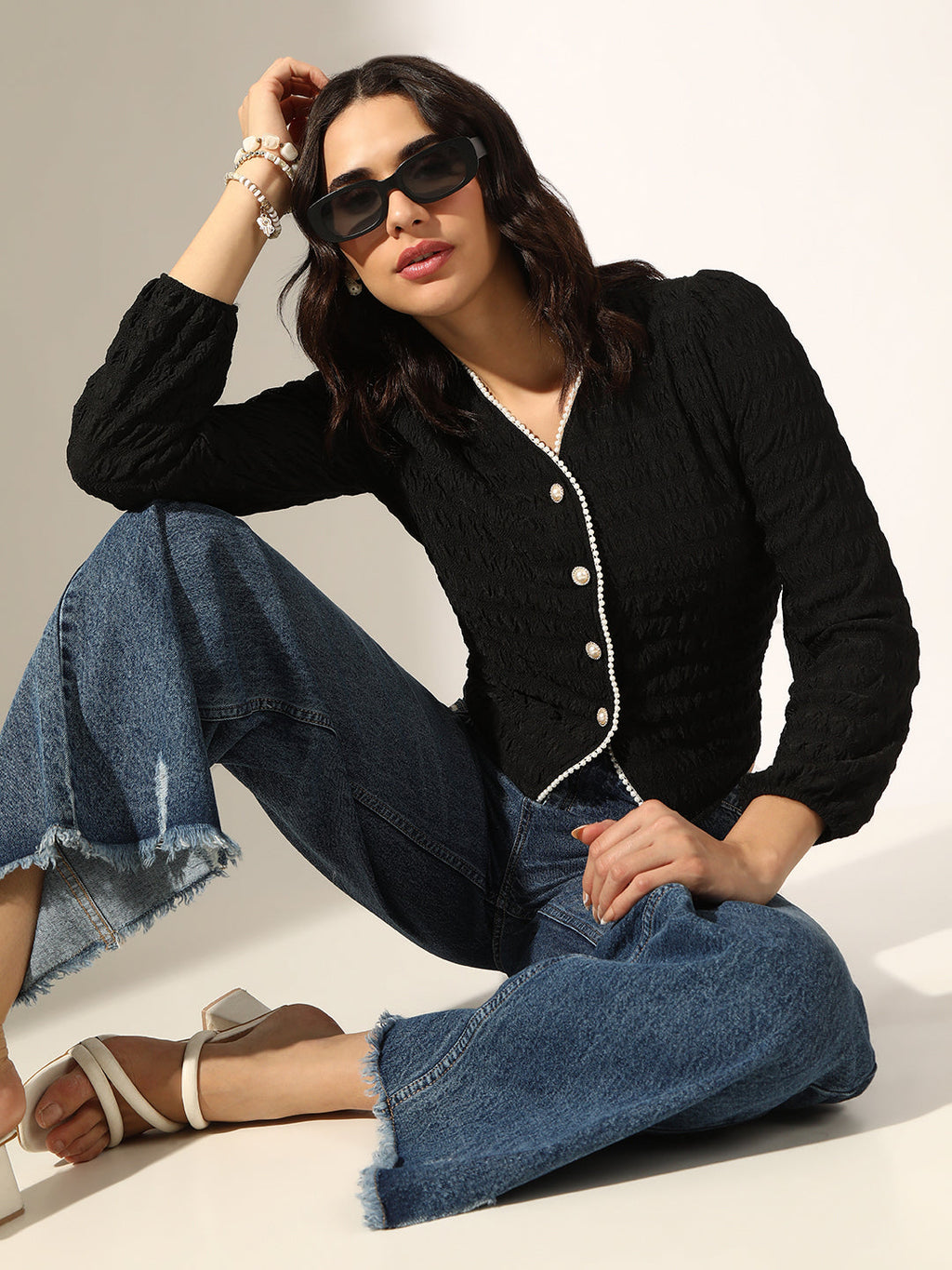 Women's Textured Black Short Top with Pearl Button Detailing