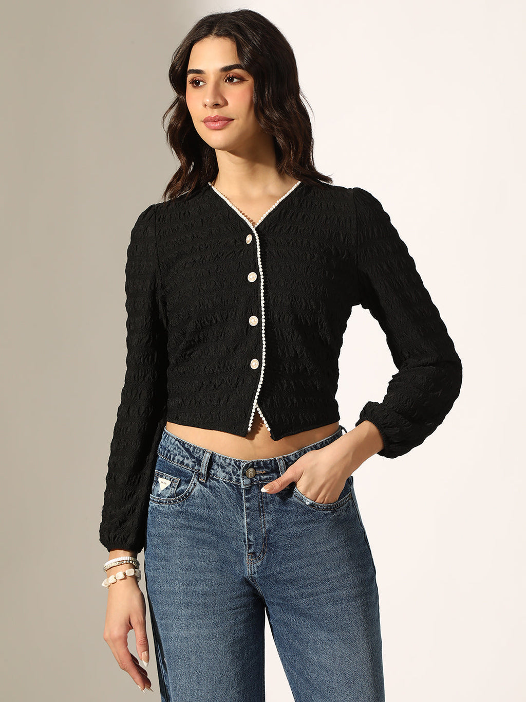 Women's Textured Black Short Top with Pearl Button Detailing
