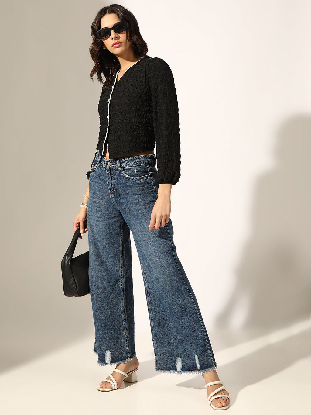 Women's Textured Black Short Top with Pearl Button Detailing