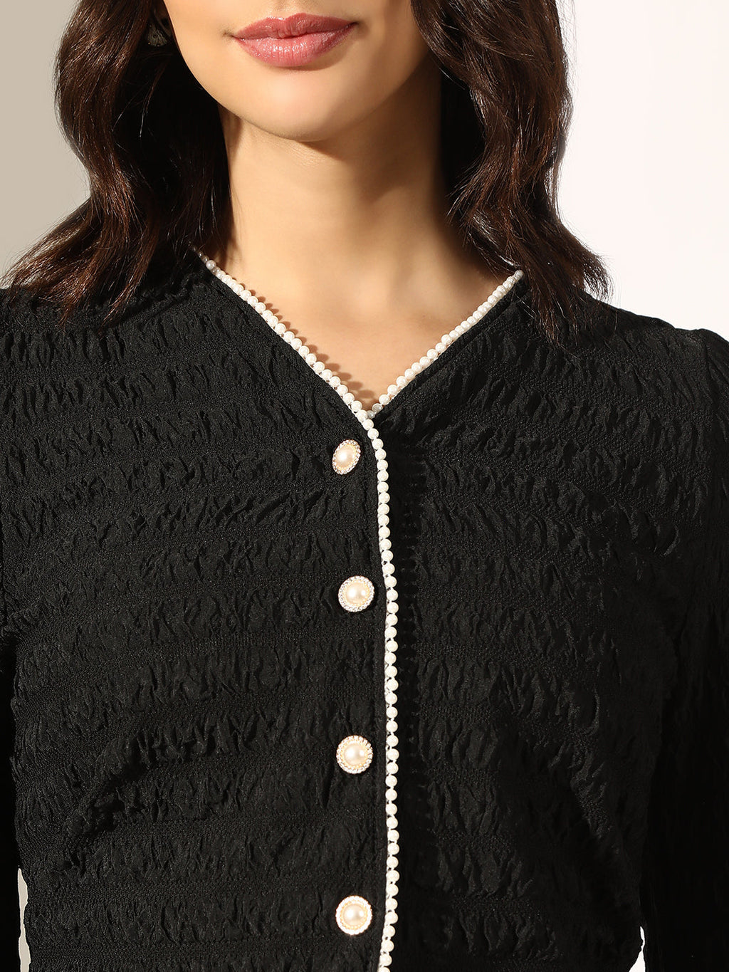 Women's Textured Black Short Top with Pearl Button Detailing