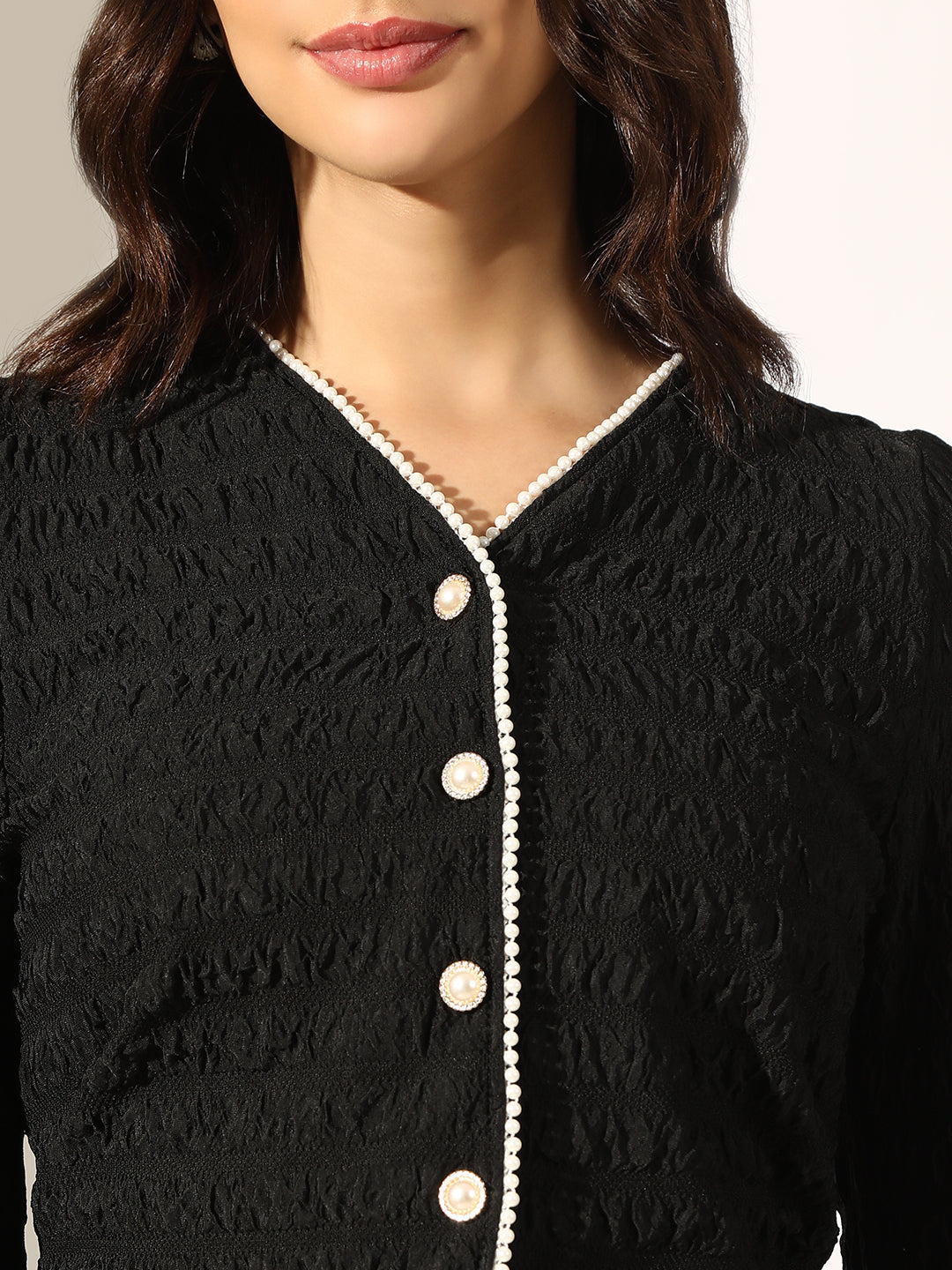 Women's Textured Black Short Top with Pearl Button Detailing