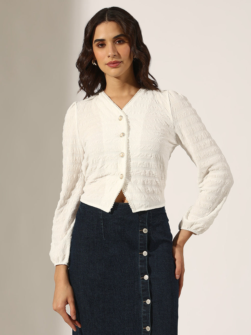 Women's Textured White V-Neck Top with Pearl Buttons