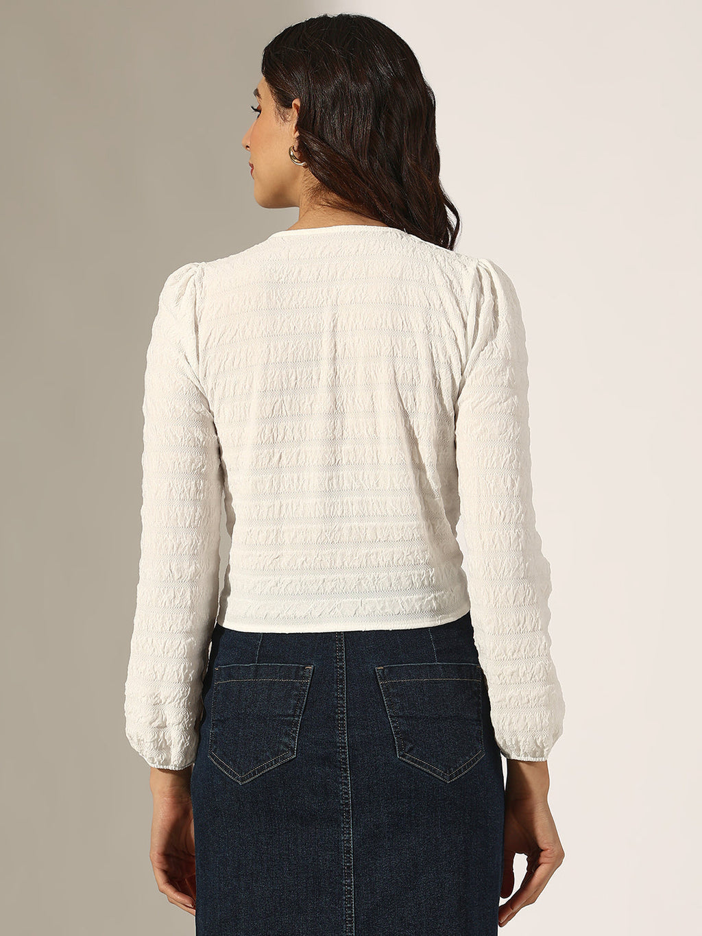 Women's Textured White V-Neck Top with Pearl Buttons