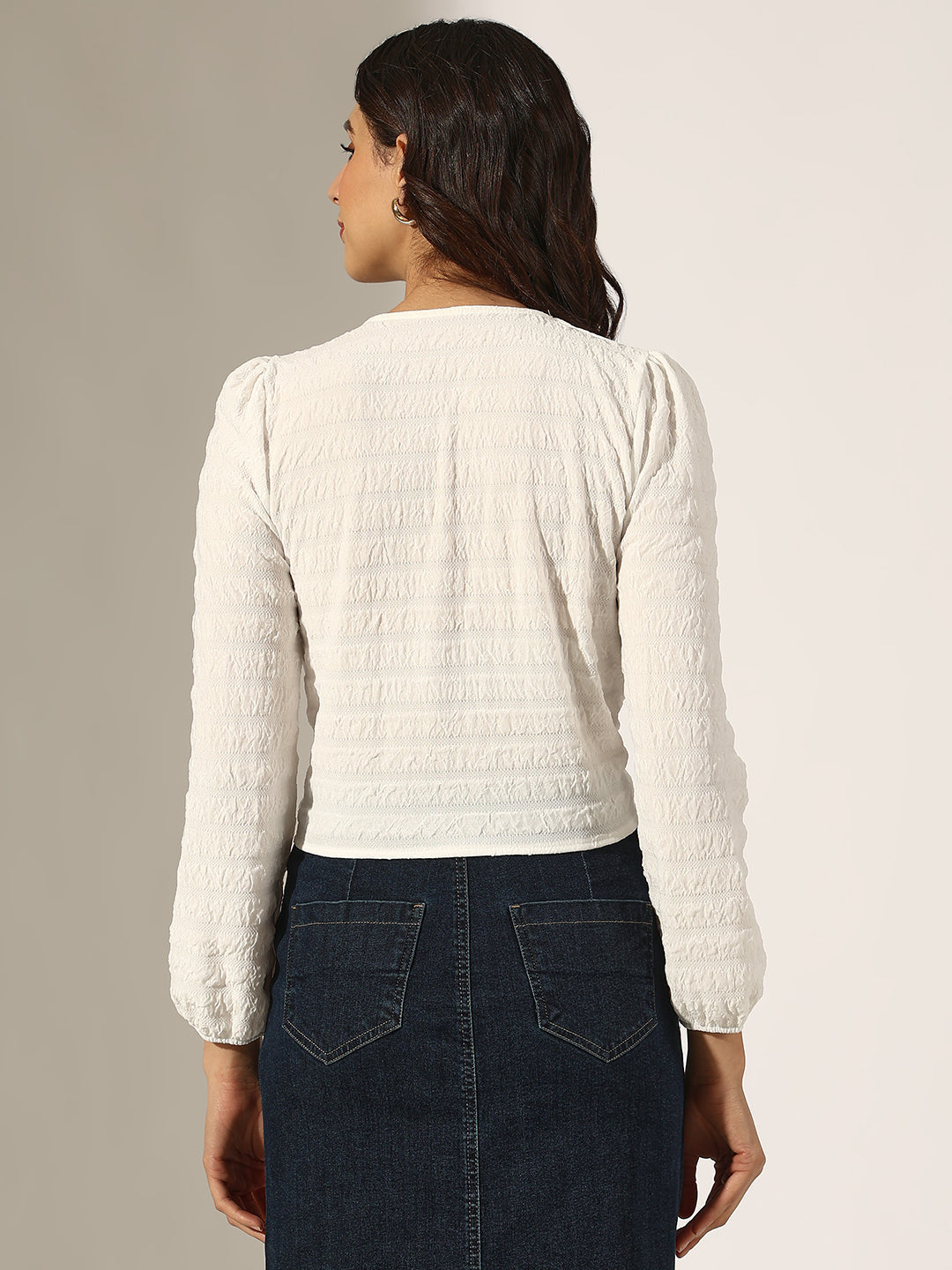 Women's Textured White V-Neck Top with Pearl Buttons