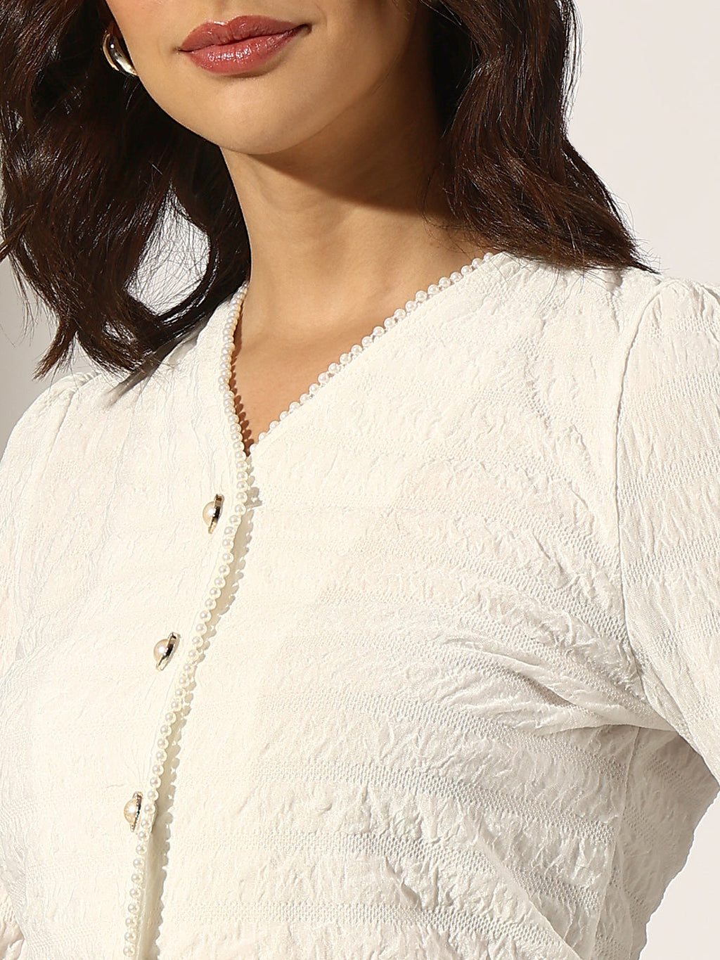 Women's Textured White V-Neck Top with Pearl Buttons
