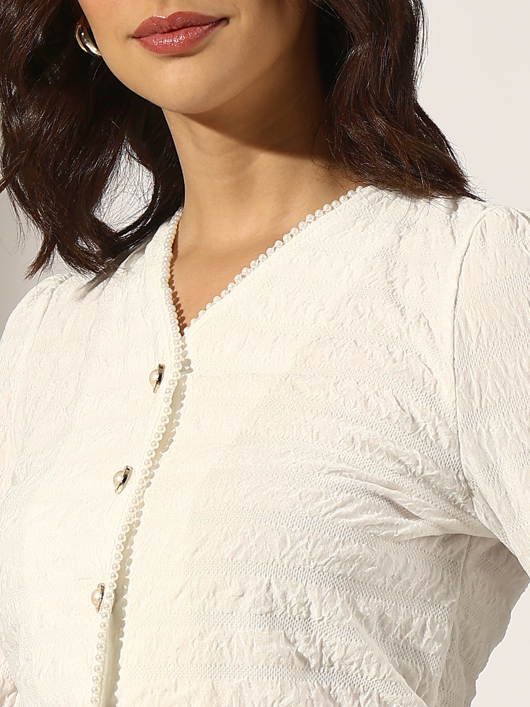 Women's Textured White V-Neck Top with Pearl Buttons