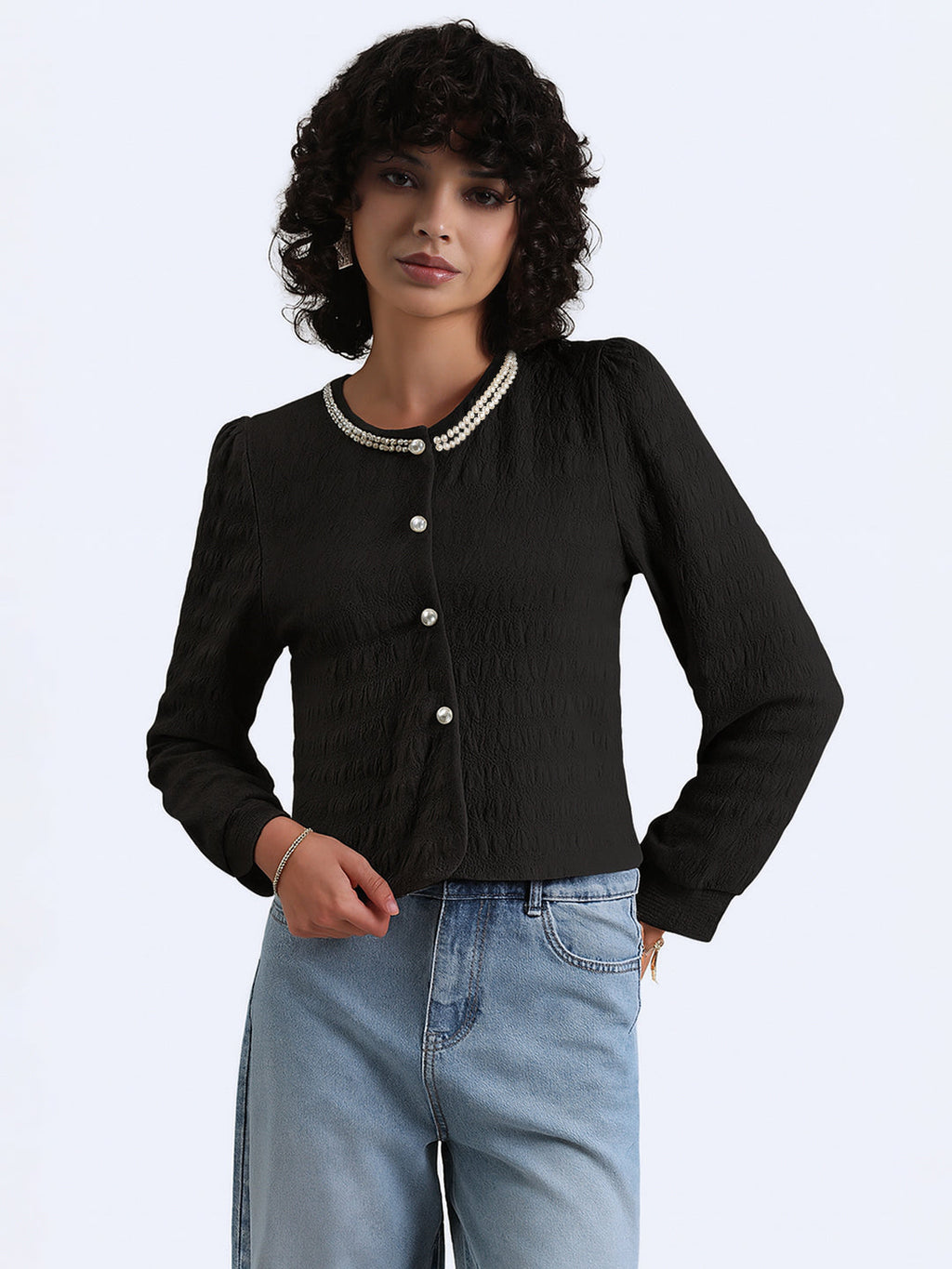 Women's Black Textured Top with Pearl Detail