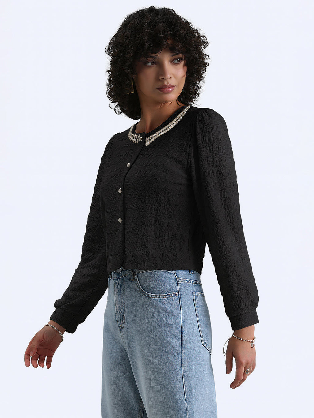 Women's Black Textured Top with Pearl Detail