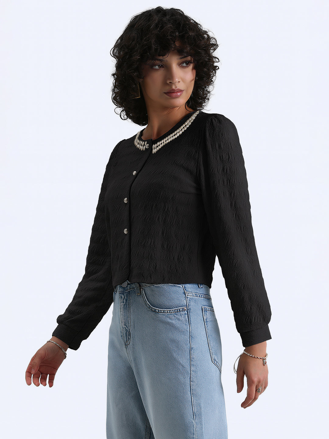 Women's Black Textured Top with Pearl Detail