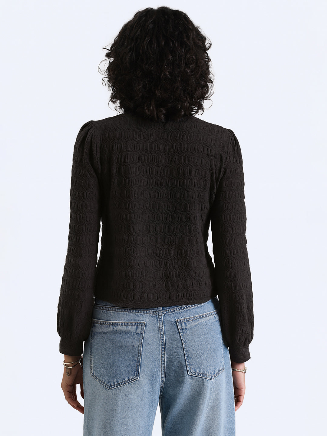 Women's Black Textured Top with Pearl Detail