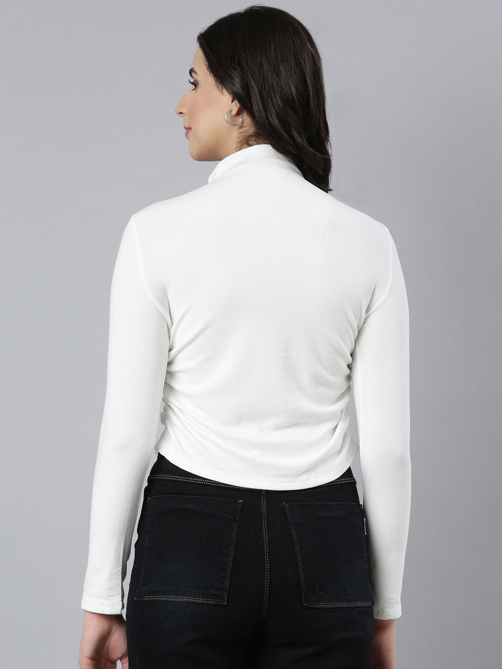 Women's Off White Embellished High Neck Ruched Detail Acrylic Fitted Top