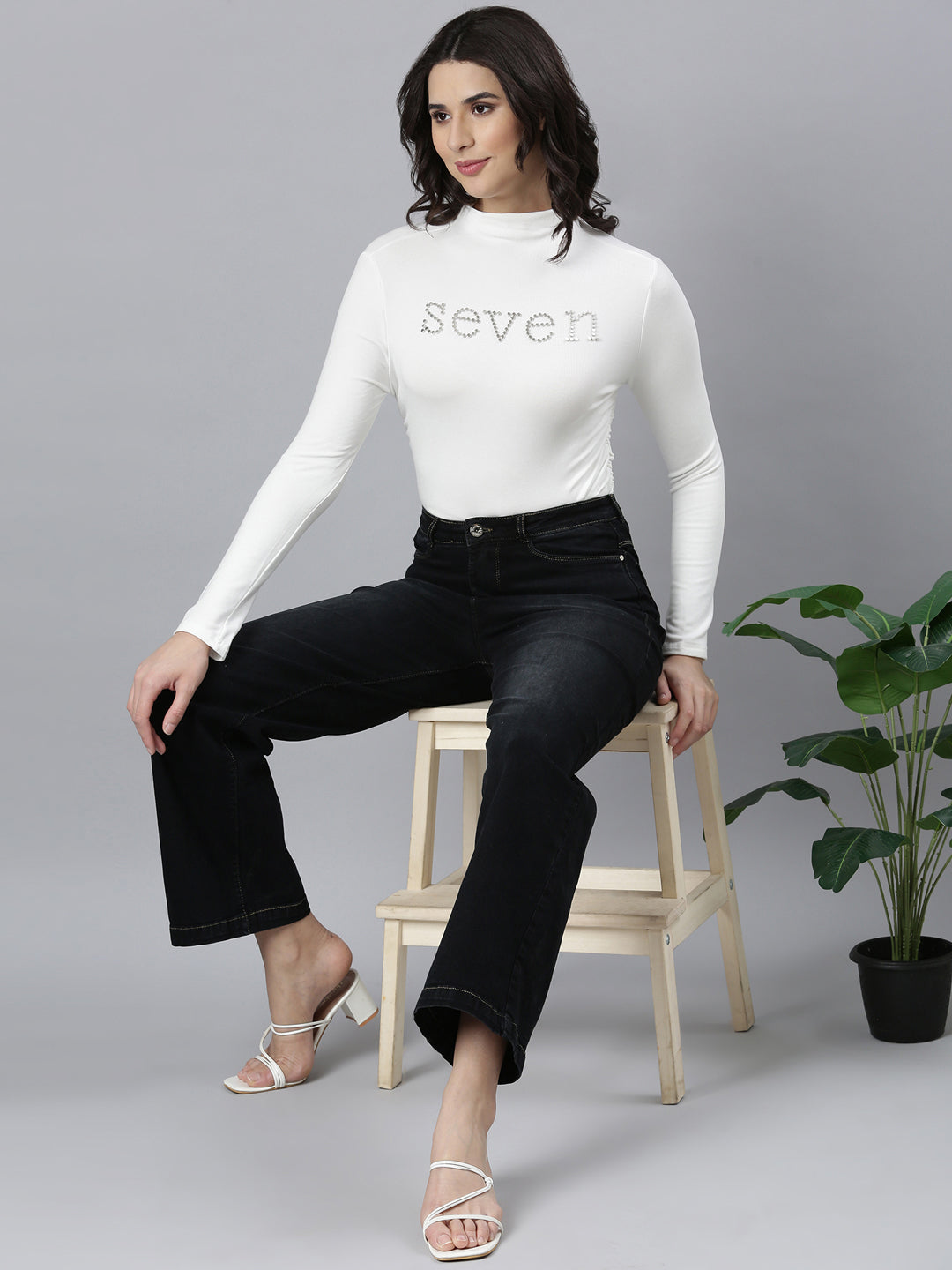 Women's Off White Embellished High Neck Ruched Detail Acrylic Fitted Top