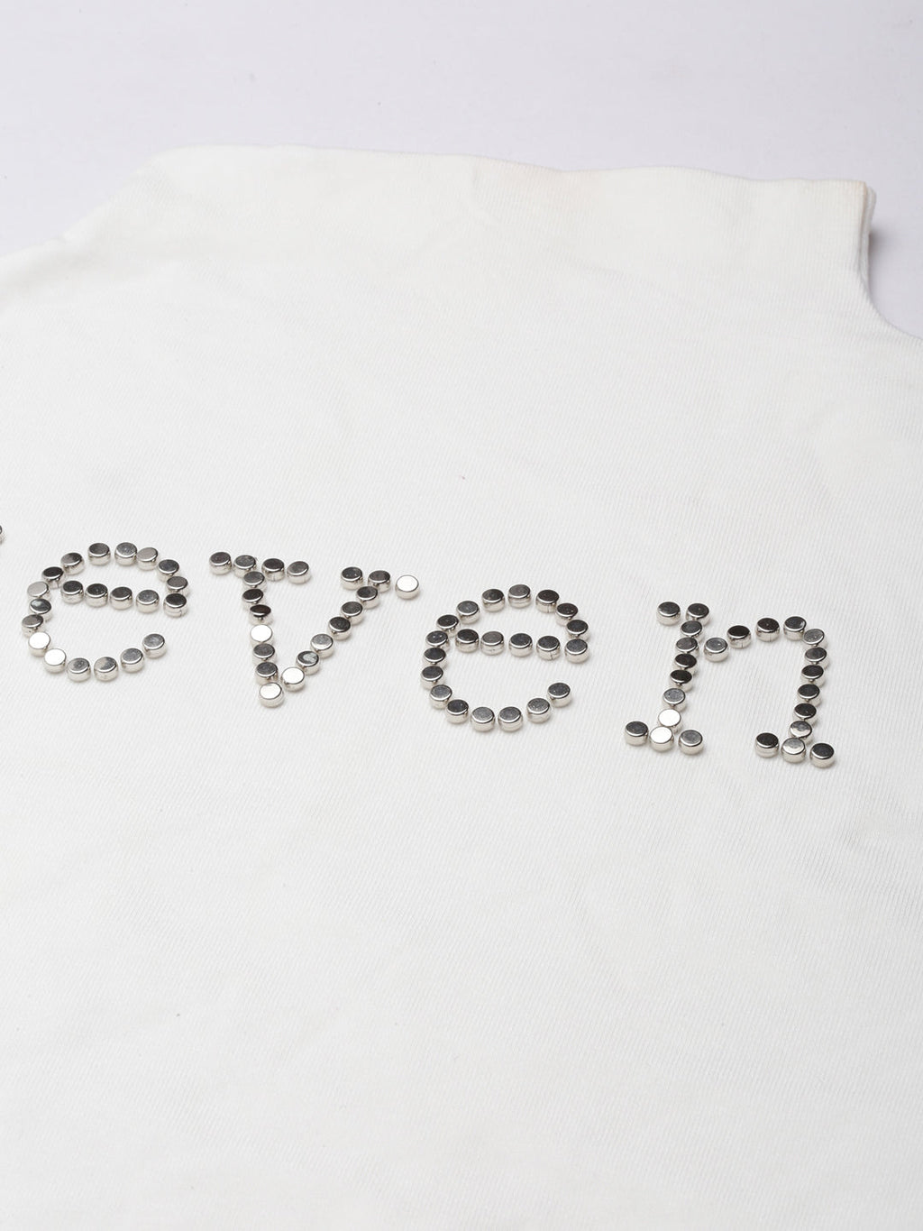 Women's Off White Embellished High Neck Ruched Detail Acrylic Fitted Top