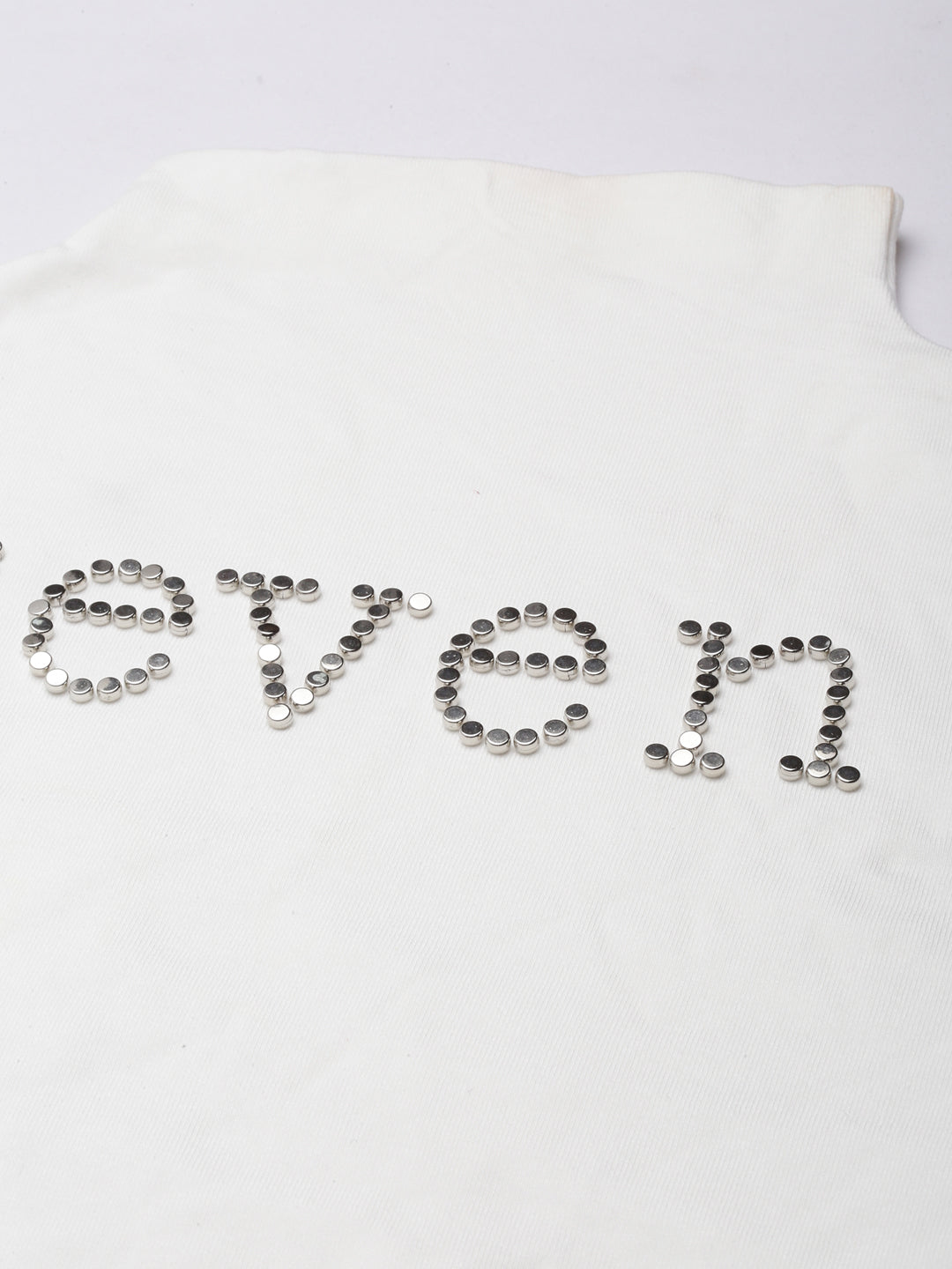 Women's Off White Embellished High Neck Ruched Detail Acrylic Fitted Top