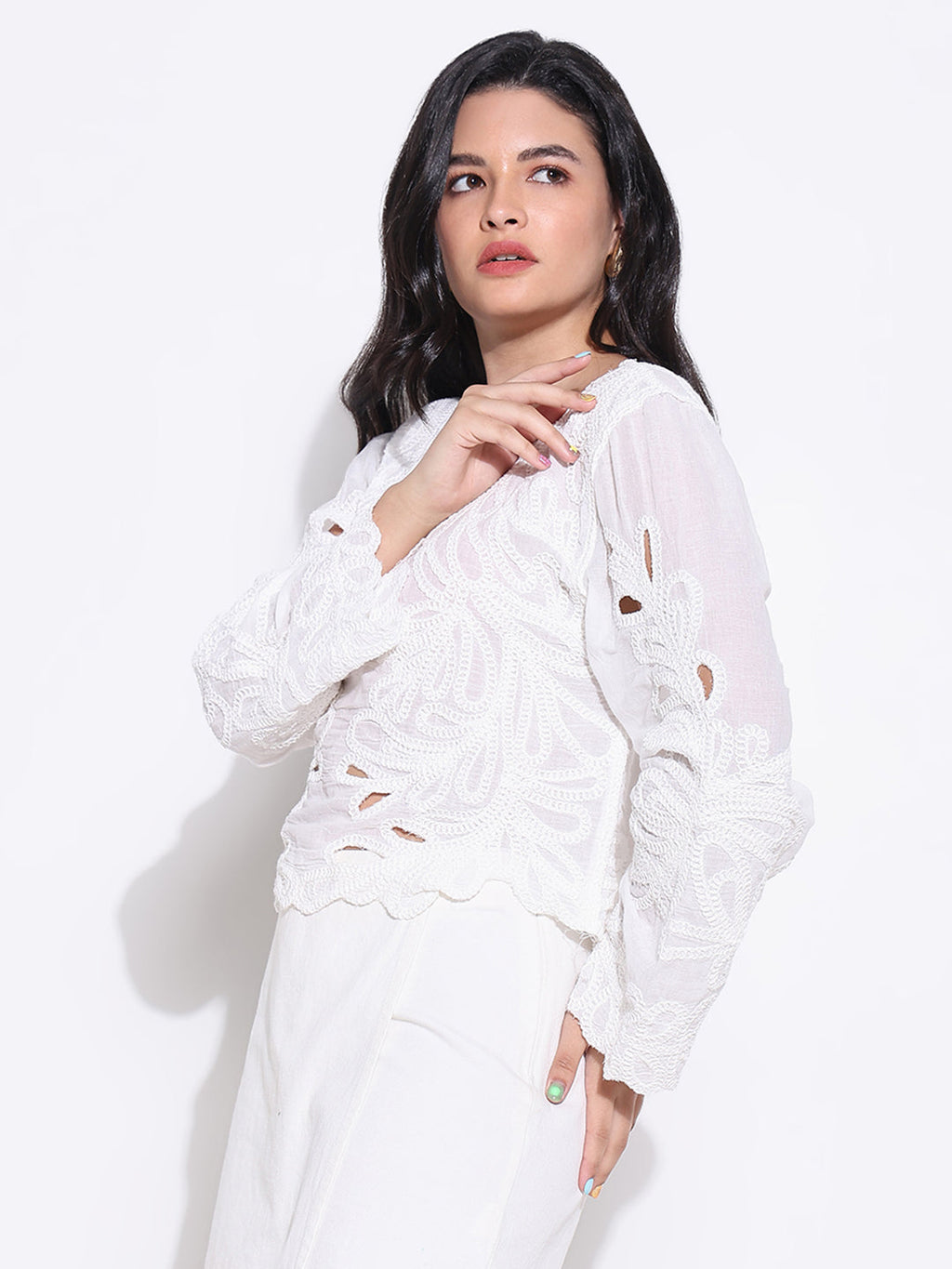 Women's White Floral Embroidered Round Neck Top