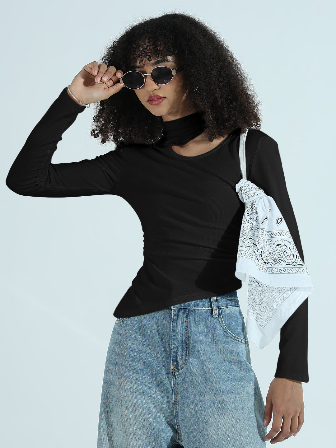 Women's Black Cut-Out High Neck Asymmetric Top