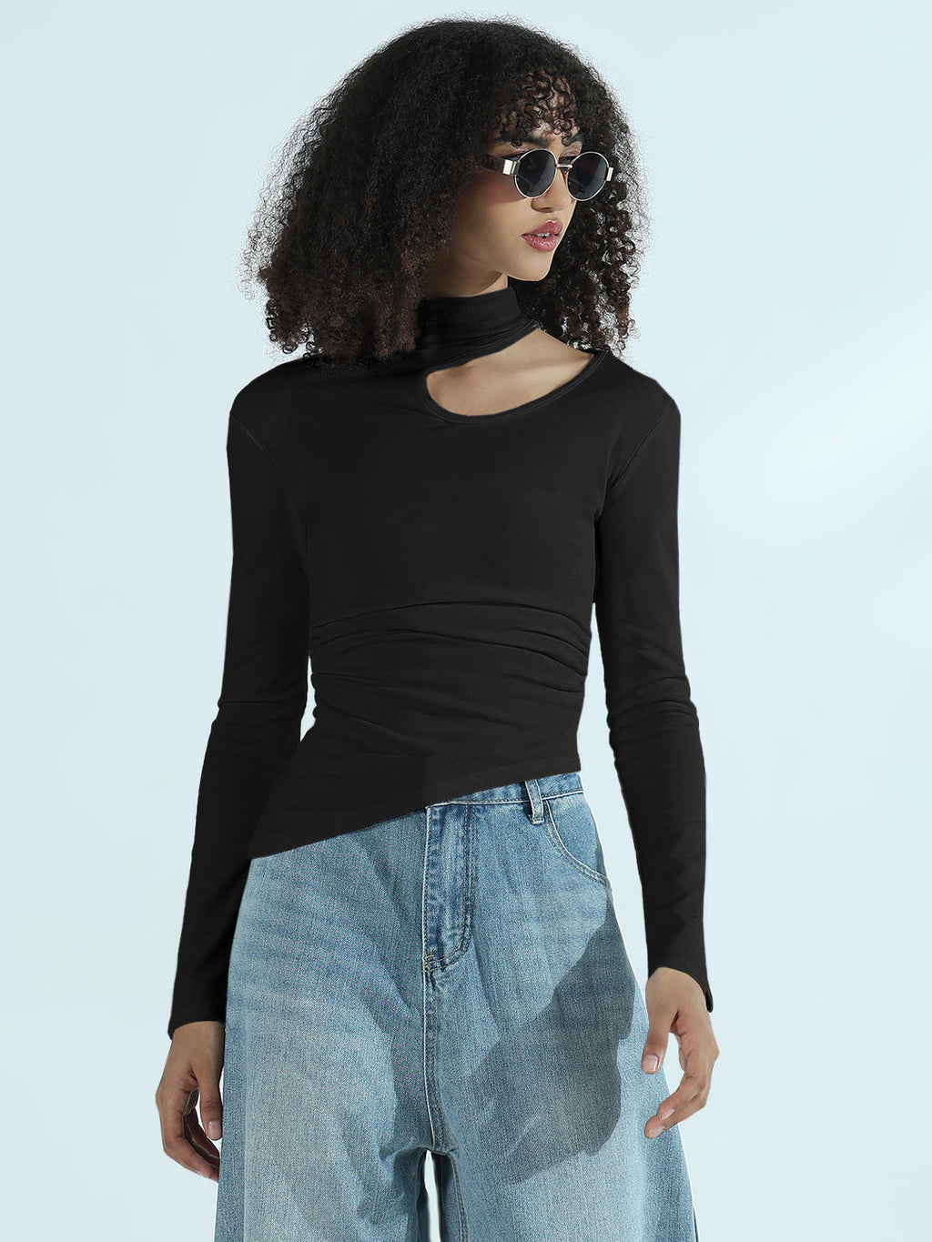 Women's Black Cut-Out High Neck Asymmetric Top